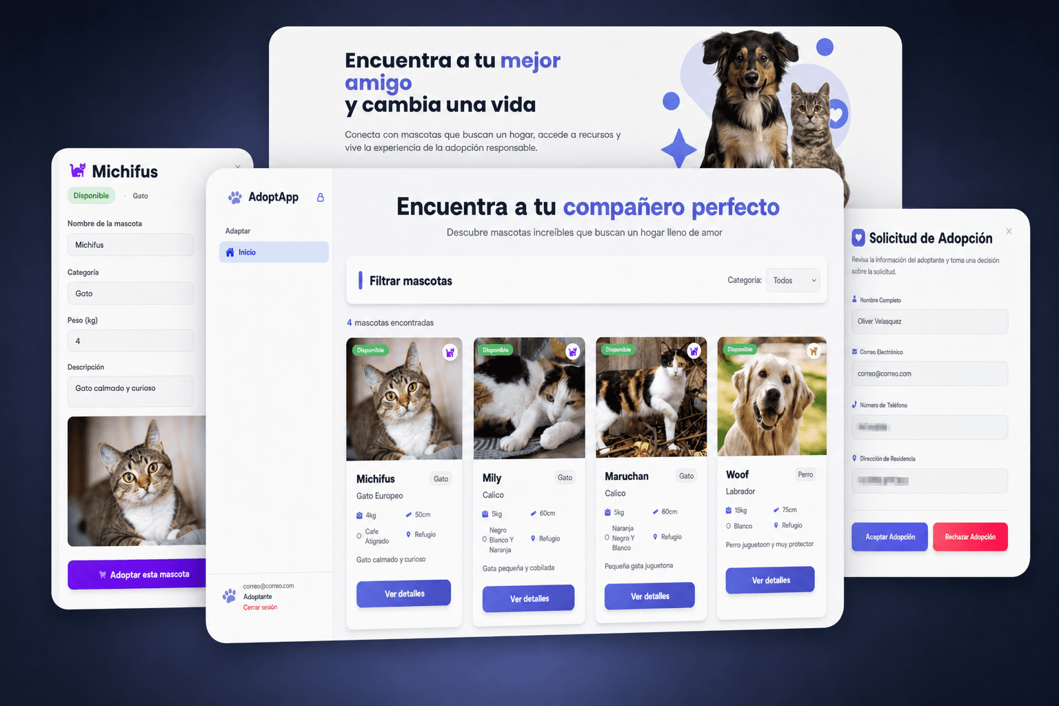 Mockup de Adoption Center mostrando el catálogo de mascotas y el flujo de solicitud de adopción.